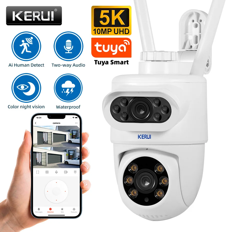 KERUI 5K 10MP Dual Lens IP Camera Tuya Smart Outdoor Home Security Auto Tracking Human Detection WIFI CCTV Surveillance Camera