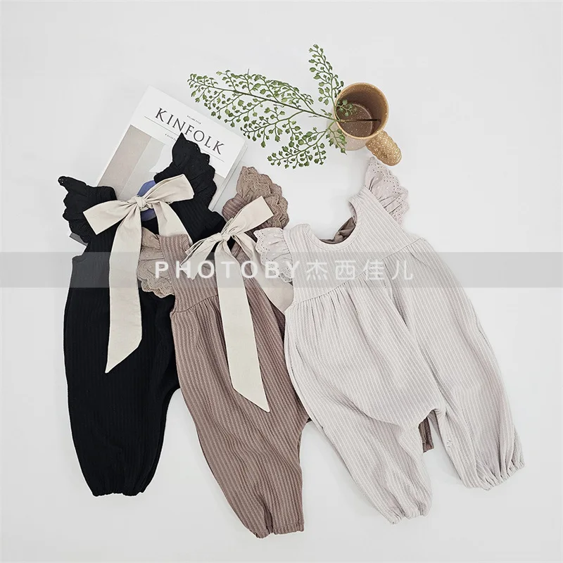 

Girls Short Flutter Sleeve Bowknot Rompers 2025 New Spring Autumn New Korean Fashion Sweetheart Long Pants Bodysuit