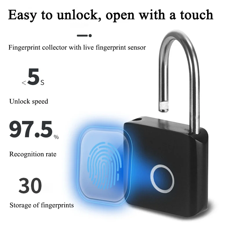 Intelligent Electronic Padlock Outdoor Waterproof Padlock Smart Fingerprint Padlock Door Anti-Theft Password Lock Cabinet