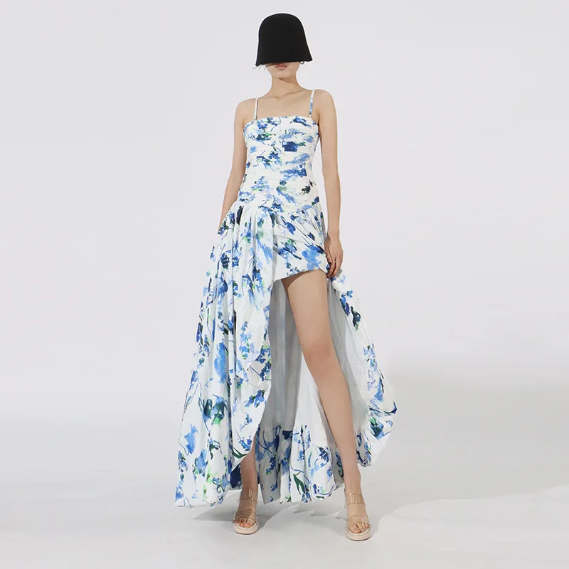 

ALIDI SC 2023, новое весенне-летнее платье на бретелях для женщин, темпераментное длинное платье со сложенной талией и принтом для отдыха на прогулок