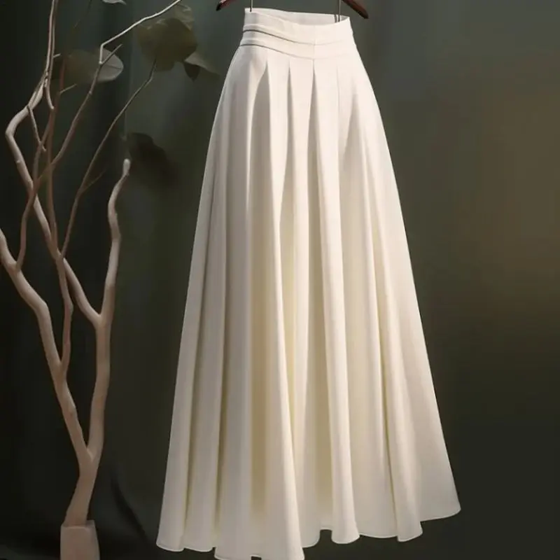 

New Summer Elegant Pleated White Skirt Women Balletcore High Waist A-Line Solid Color Long Party Skirts Office Lady Jupe