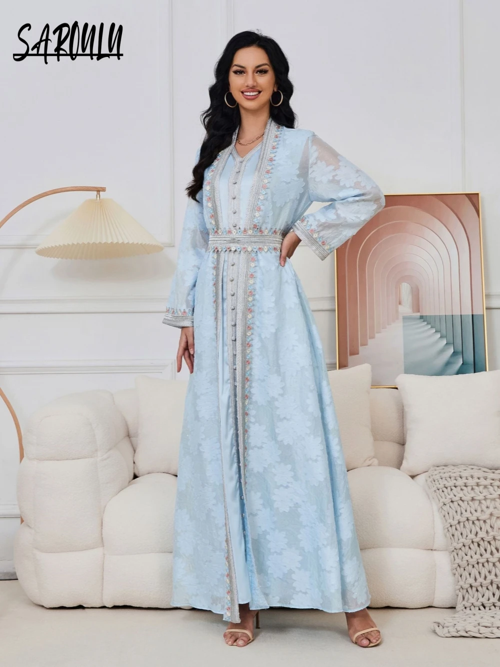 Two Piece Set Elegant Evening Dress 2025 Women Muslim A-line Prom Gown Formal Events Customized Fashion Dubai Arabic With Belt