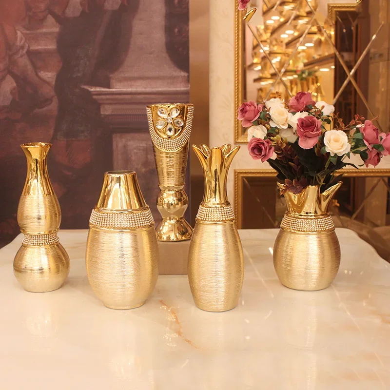 European Style Light Luxury Electroplating Golden Brushed Ceramic Metal Gold Vase Modern Dining Table Home Decoration Wedding