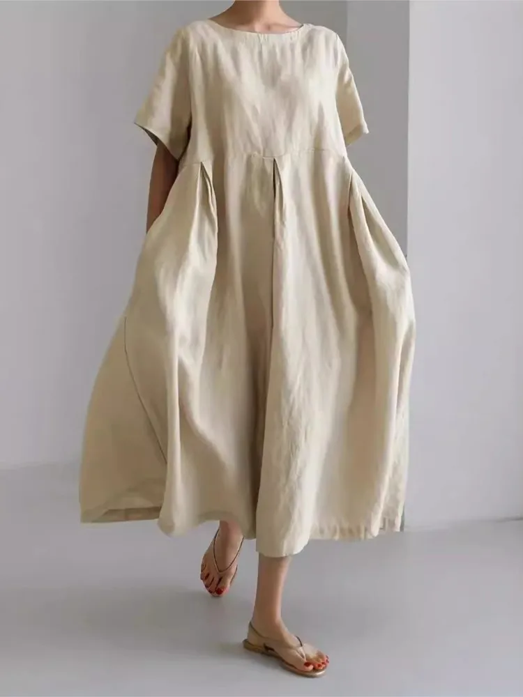 

Casual Simple Style Solid Color Dress Female Fashion O-neck Summer Loose Short Sleeves Midi Dresses Ladies Versatile Vestidos