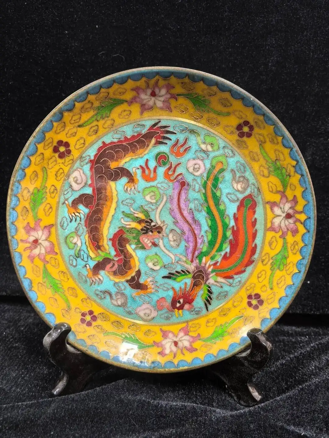 Collect China Cloisonne Enamel Handmade Painted Dragon Phoenix Pattern Plate Y