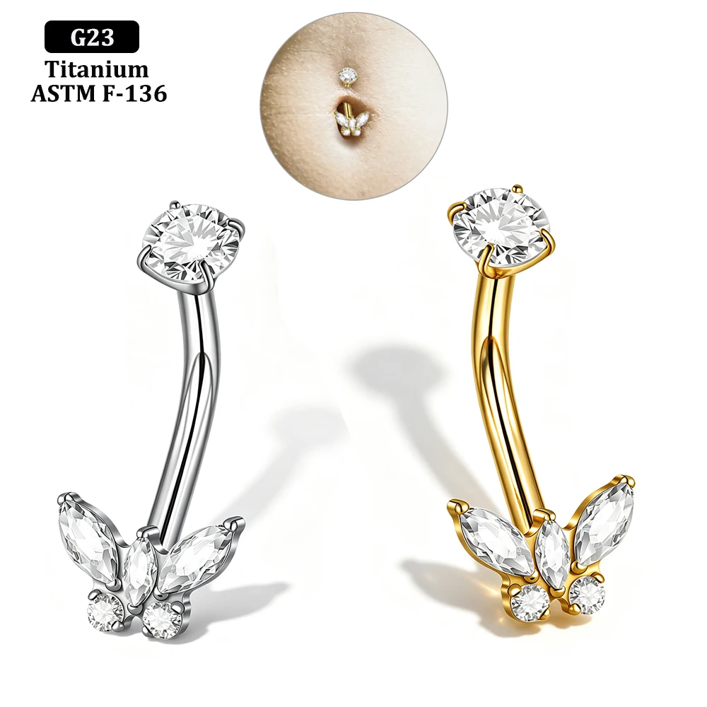 1 Stück Exquisiter CZ-Schmetterlings-Bauchnabelring aus leichter Titanlegierung mit Innengewinde, Bauchnabelpiercing, Körperschmuck