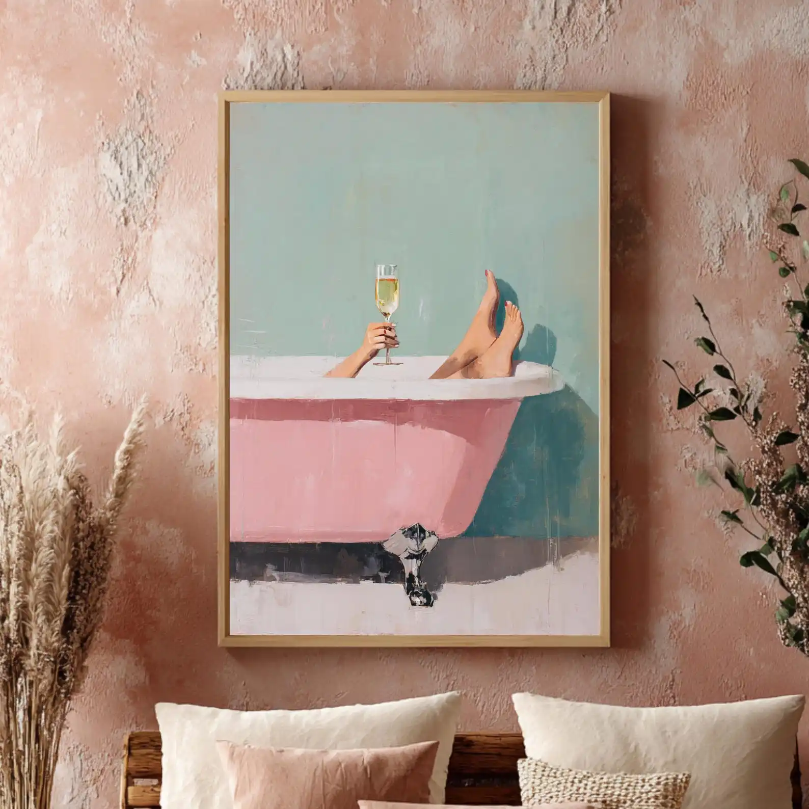 Modern Dopamine  Bathroom Poster Champagne in Bath, Feminine Selfcare Art Print, Retro Boho Feminine Art for Living Room Decor