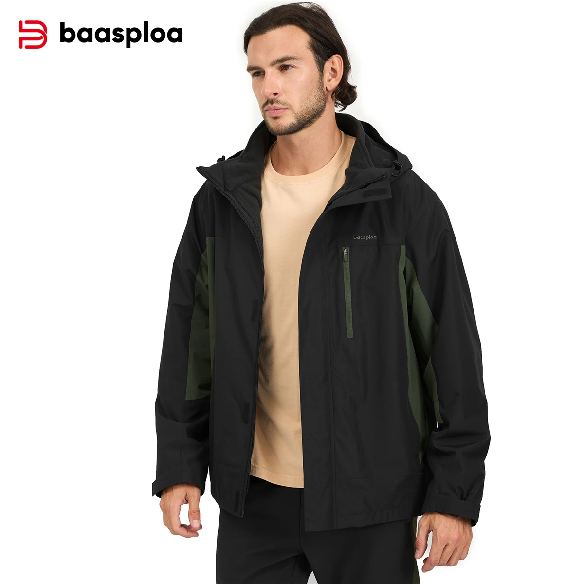 Baasploa Men 3-in-1 Coats Sport Fleece Inner Liner Windproof Hooded Jackets Male Outdoor Climbing Trekking Waterproof Jackets