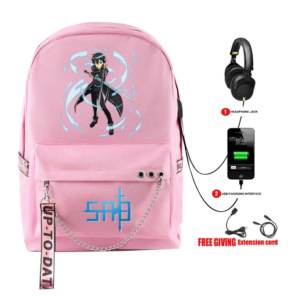 Harajuku شعبية السيف الفن على الانترنت طالب الحقائب المدرسية للجنسين طباعة أكسفورد للماء دفتر USB قابلة للشحن حقيبة ظهر للسفر