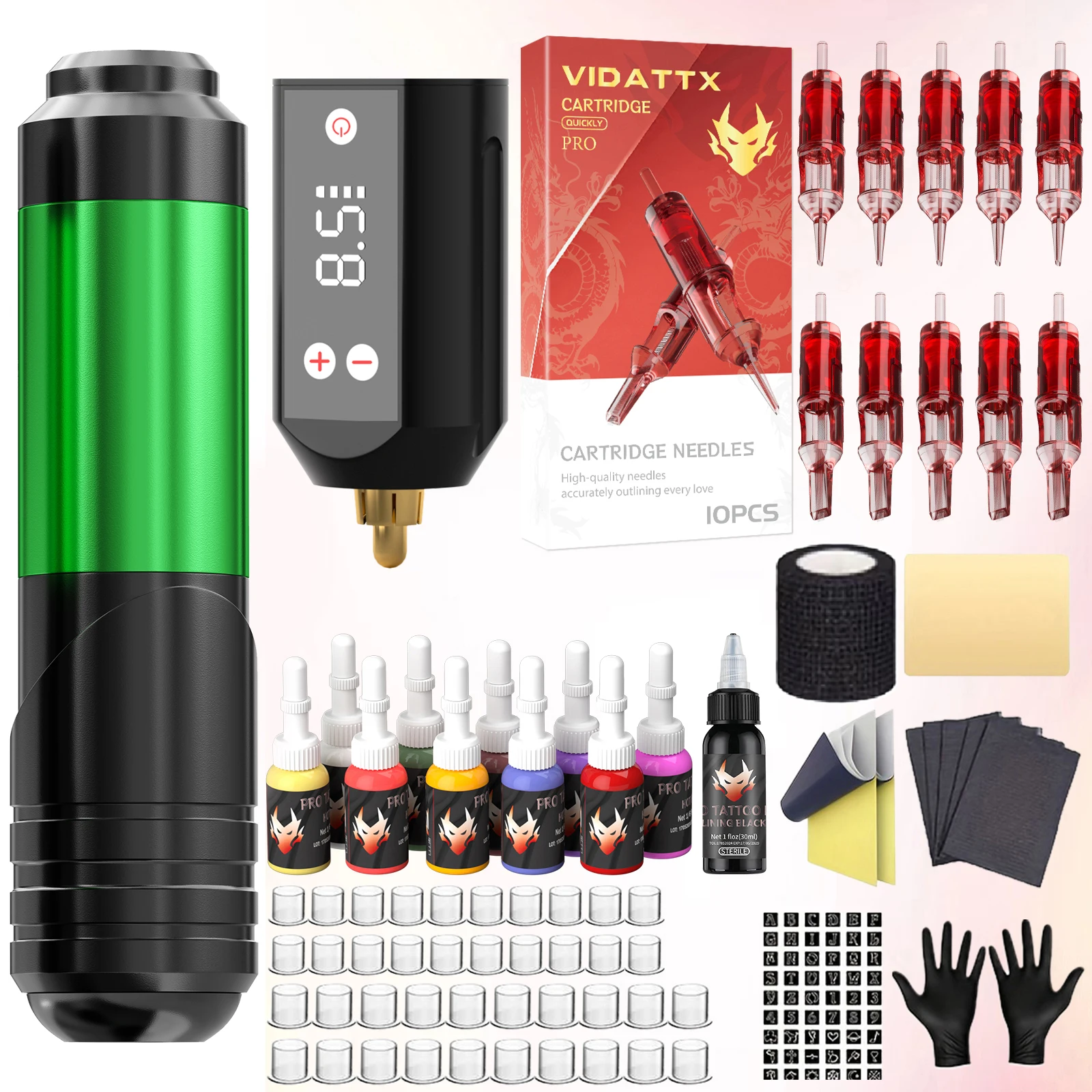 

Tattoo Kit TRO Alloy Tattoo Pen Kit For Permanent Makeup Tattoo Machine Kit Green Wireless Tattoo Power Supply Tattoo Gun Kit