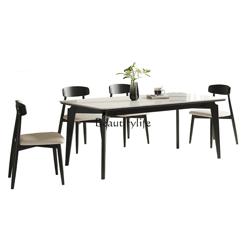 

Ash wood bright rock slab dining table modern simple imported black solid wood home