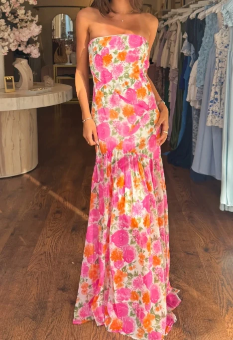 Dames casual strapless jurk zomer bloemenprint backless a-lijn lange jurk voor cocktailparty strand streetwear