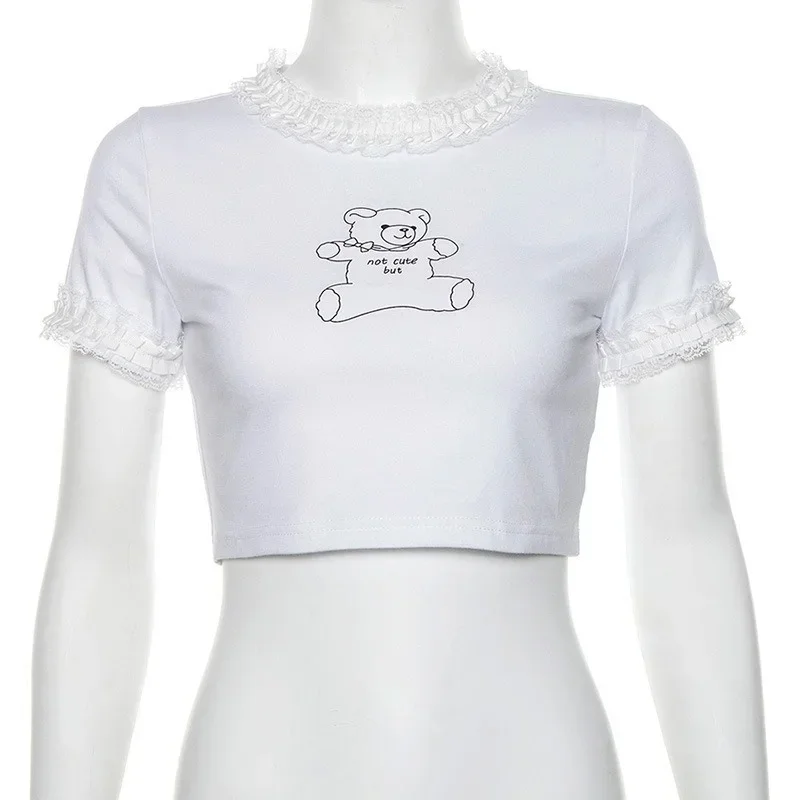 

Summer Cute Cartoon Bear Print Round Neck Short-sleeved Lace White Sexy Y2k Crop Top Ladies Cotton T-shirt Basic Casual Top