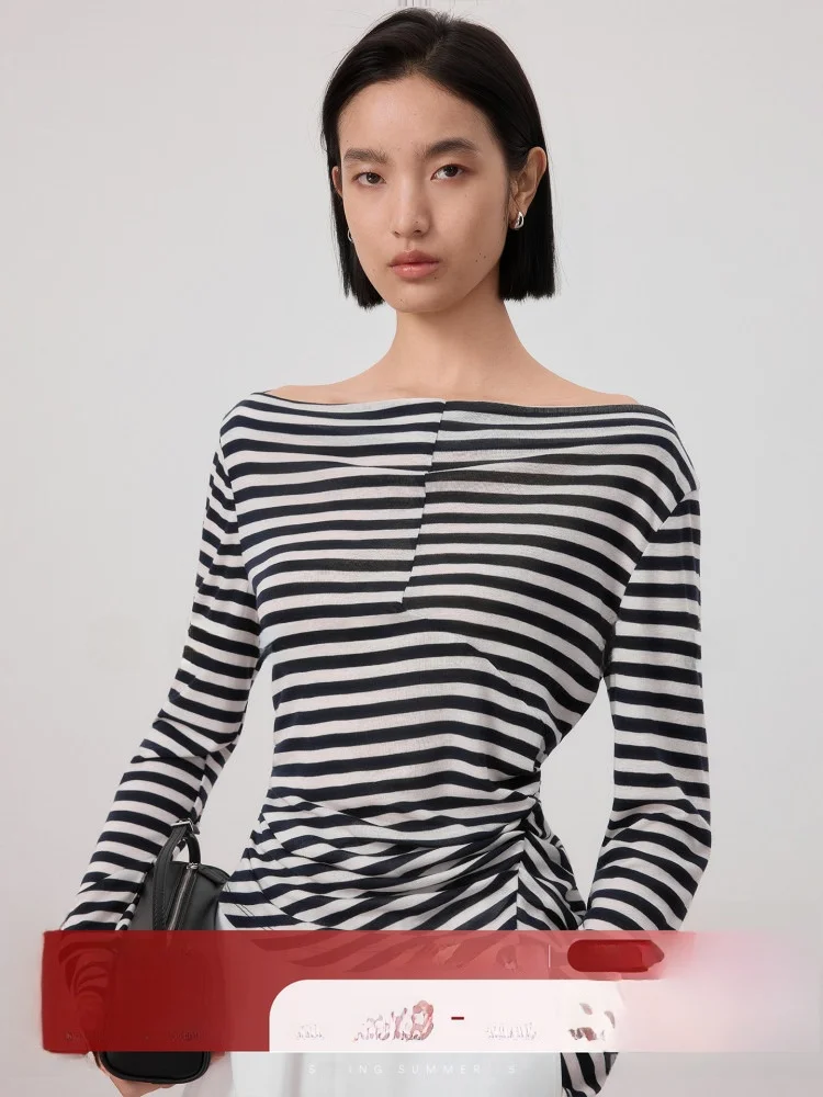 

COOBLOOM Long Sve T-irt Women's Breton Stripe Wool One oulder Slimming ort Top Commute Sle Summer Wear