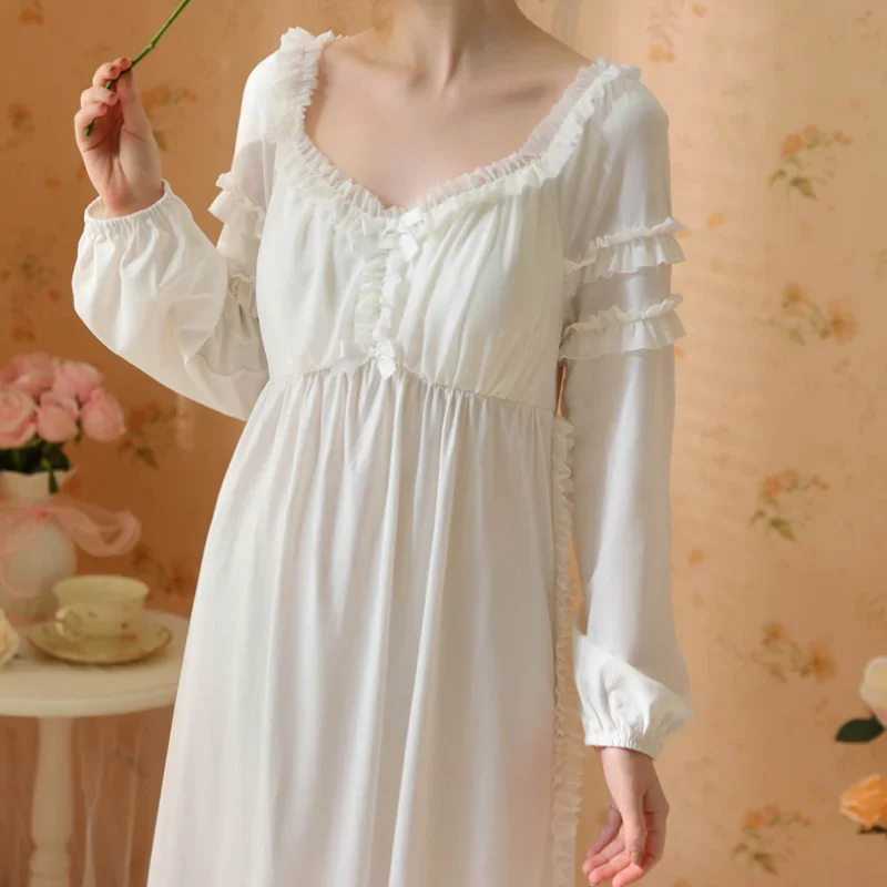 

Women Sweet Ruffles Long Sleeve Robe Peignoir Sleepwear Fairy Cotton Night Dress Princess Nightwear Victorian Vintage Nightgown