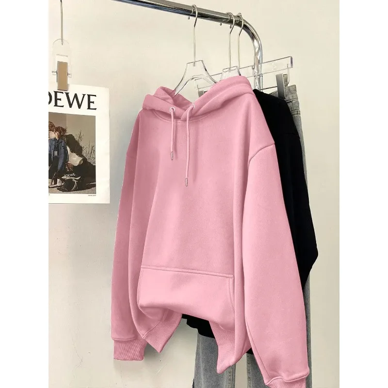 ファッショナブルなルーズソリッドカラー長袖スウェットシャツ女性用秋と冬ベルベット厚みのあるデザインフード付きトップ