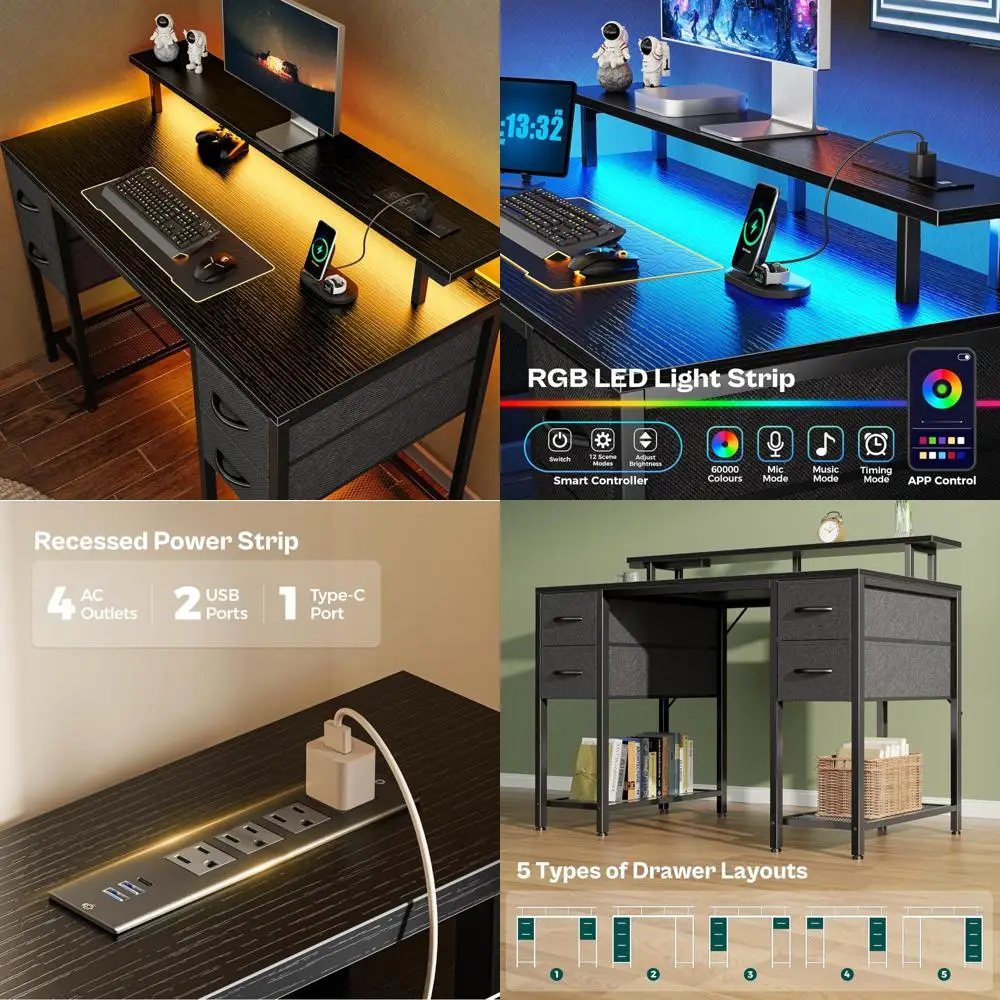 مكتب ألعاب ومنزلي كبير مقاس 47 بوصة مزود بـ 4 أدراج وإضاءة LED ومنافذ طاقة #1