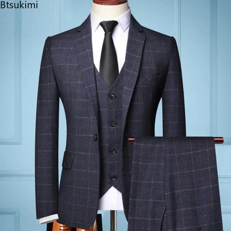 

High Quality Men's Plaid Three-pieces Fashion Slim Business Party Formal Elegant Blazer Sets (Jacket+Pants+Vest) Prom Wedding