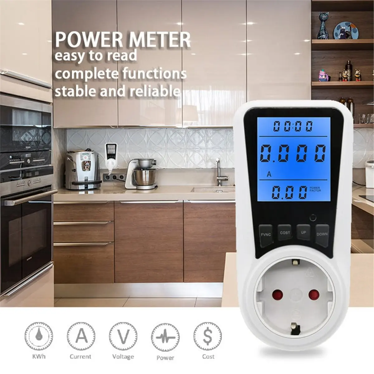 (ABGQ) Power Meter, Plug-in Socket with Overload Protection, Kilowatt Voltage AMP Tester, Electrical Energy Monitor EU Plug
