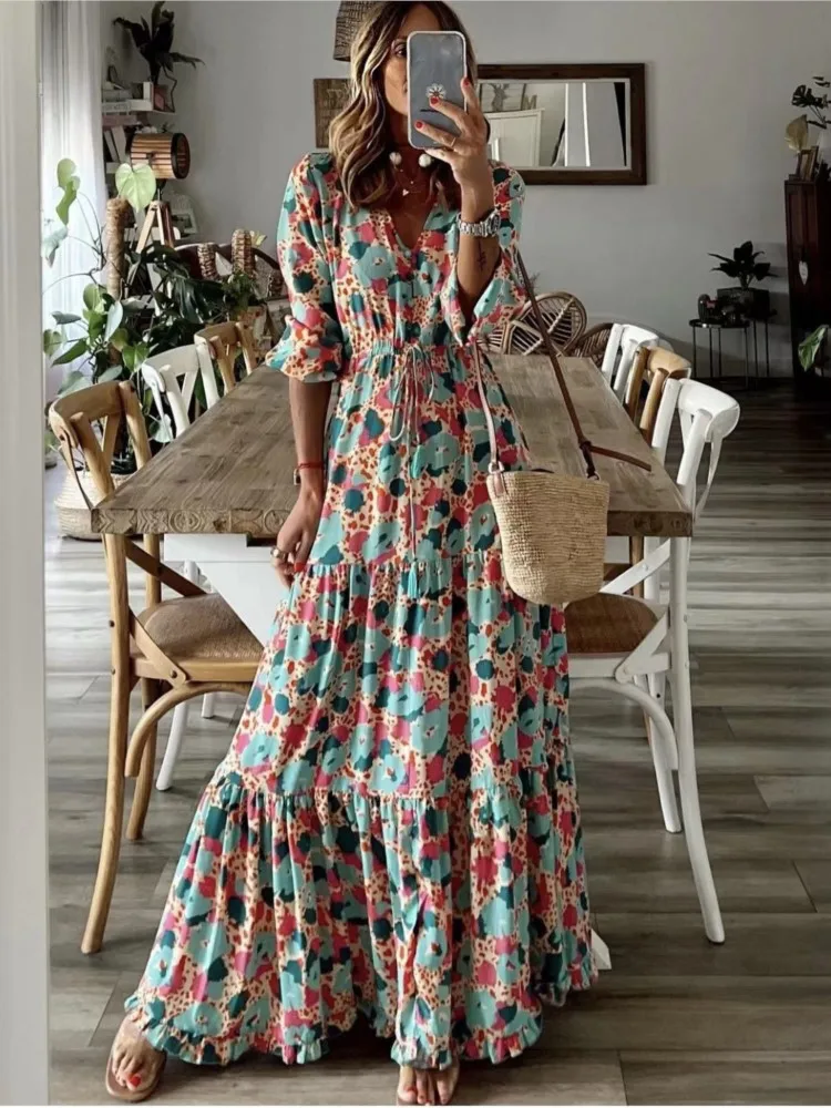 Abito elegante con stampa Lady Fashion Tre quarti con scollo a V a vita alta Abiti larghi per le donne Casual Vintage Boho Abiti da vacanza Nuovo