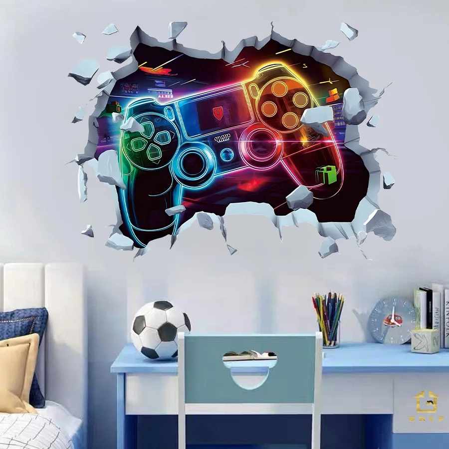 Cartoon Game Controller Removable Wall Sticker Pixel Art Breaking Wall Design Gamer Bedroom Vinyl Decoration