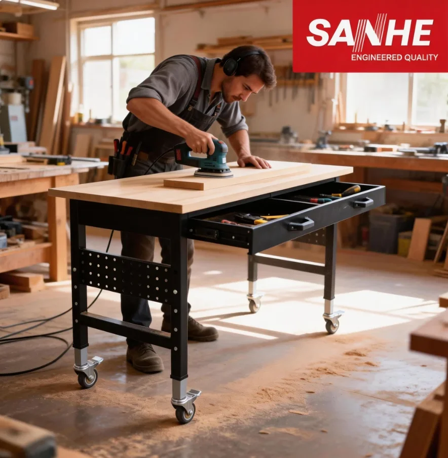 

Rolling Work Table With Solid Wood Top, Steel Frame, Tool Pegboard & Adjustable Height, 2000 Lbs Load