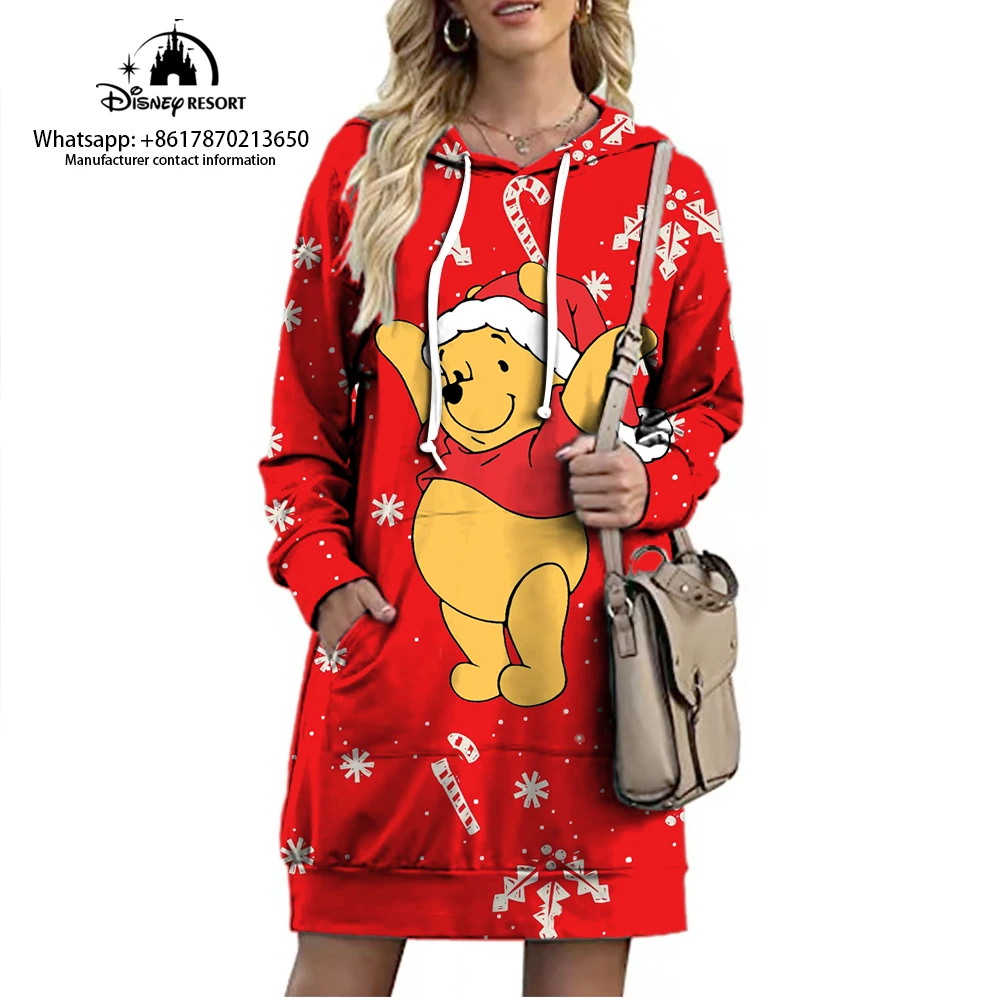 Winnie the Pooh and Mickey Cartoon Christmas Collection Streetwear Disney Brand Long Hoodie Fall New Mini Sexy Dress 2022