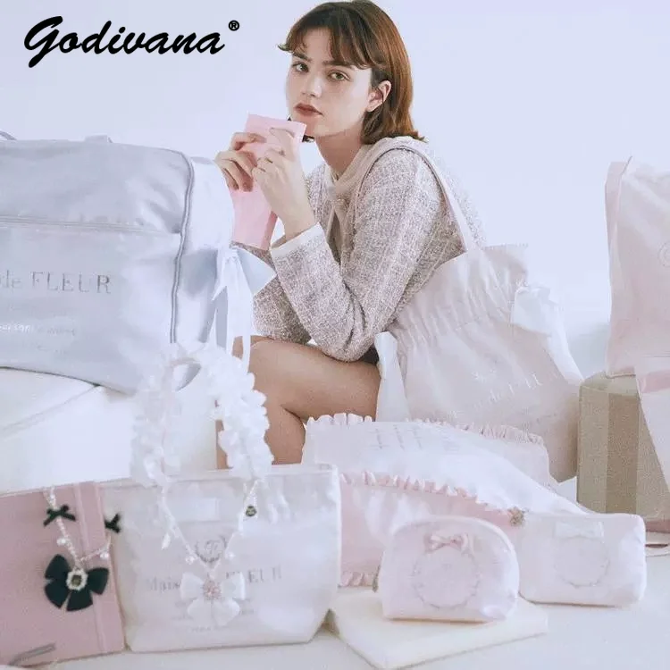 New Japanese Style Silver Letter Satin Floral Pleated Handbag with Bowknot Girl Women's Shoulder Crossbody Bag Totes