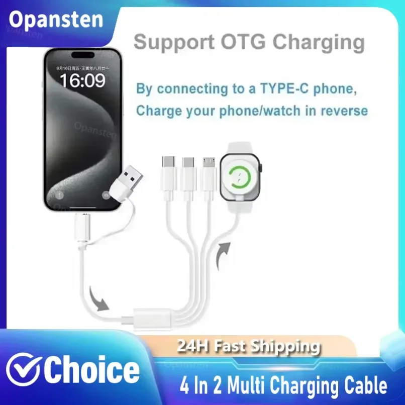 OTG Reverse Charge 3 in 1 Retractable Charging Cable Type C Lightning Micro for iPhone Android Phone Watch Travel Use Mini Pro