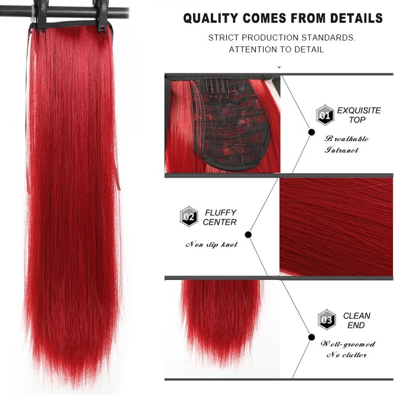 Tie Style Ponytail Extension Straight Ponytail 32 Inch Synthetic Hair Piece, Suitable 's Heat-Resistant (Red)