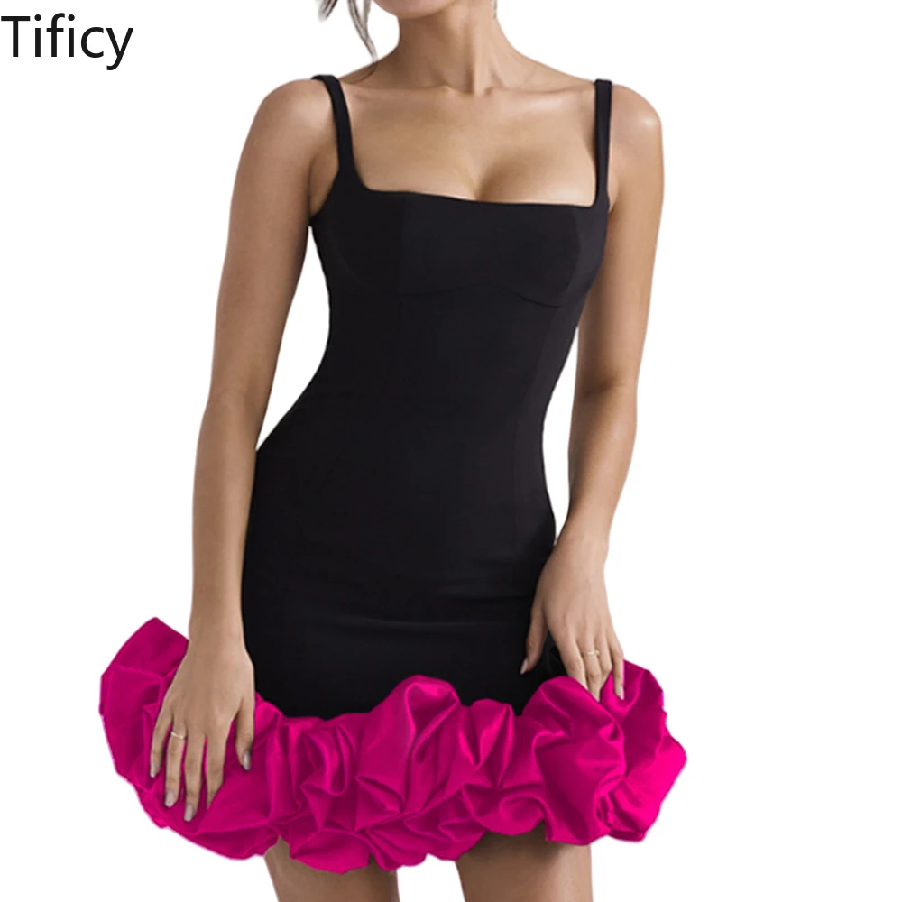 

TIFICY Women's Autumn New Sexy Spicy Girl Patchwork Puffy Dress Pleated Hem Slim Fit and Slimming Suspender Dress Short Dresses