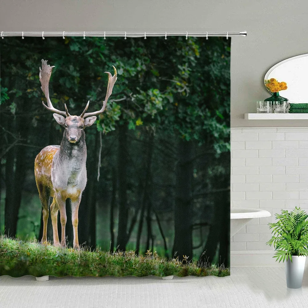 Winter Landscape Woods Deer Shower Curtains Elk Animal Print Bathroom Decor Bathtub Partition Bath Curtain Waterproof Fabric