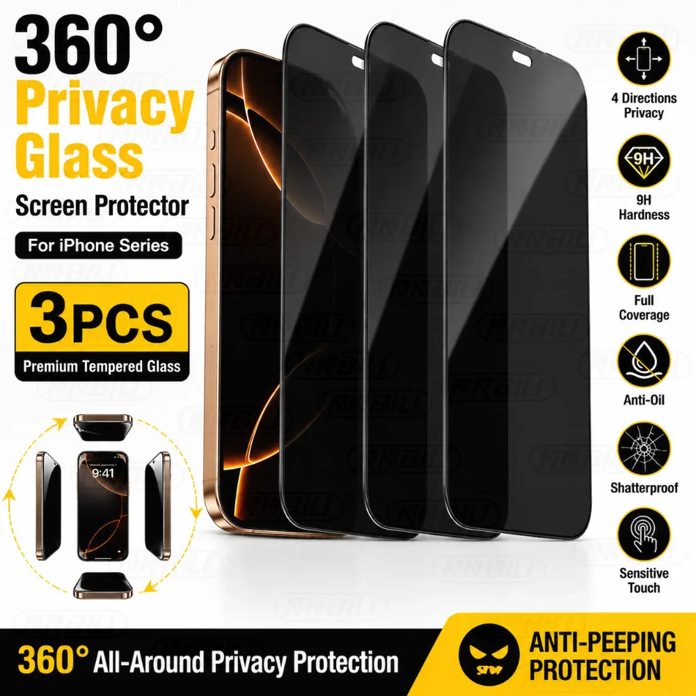 NNBILI 3er-Set 4-Wege Sichtschutz Panzerglas Displayschutzfolie, für iPhone 18 17 16 15 14 13 12 11 Pro Max 360 °   Anti-Spionage, Vollständige Abdeckung