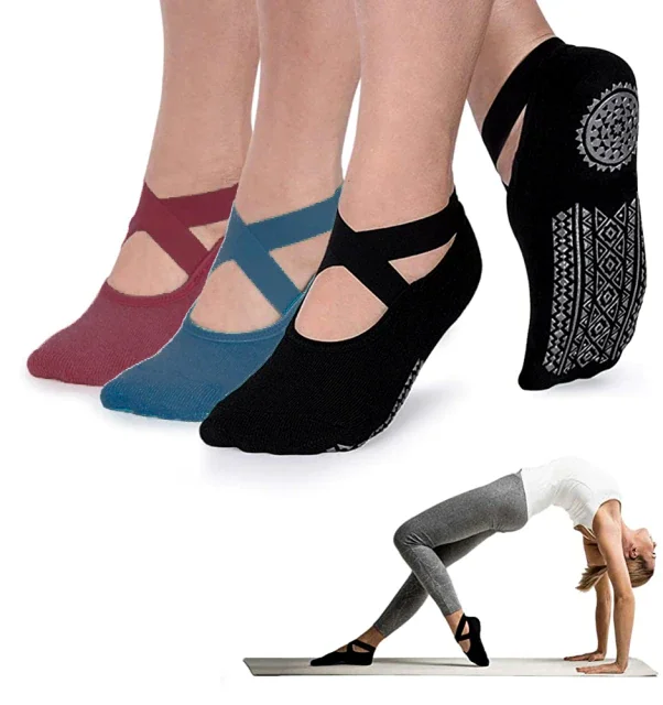 Calcetines de yoga para mujer con empuñaduras y correas antideslizantes, calcetín de algodón vendaje, ideal para Pilates Pure Barre Ballet Dance entrenamiento descalzo