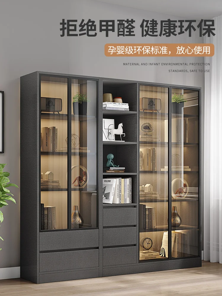 Light luxury glass door bookshelf Nordic minimalist modern display bookshelf living room whole wall solid wood storage