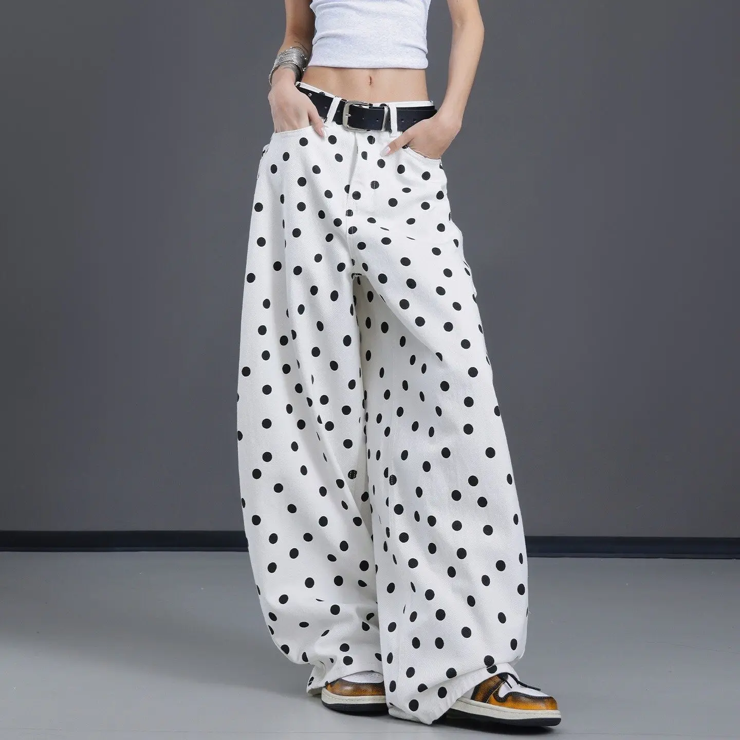 Summer New White Polka Dot Scimitar Jeans Women's Retro Love Pocket Design Wide Leg Mopping Pants