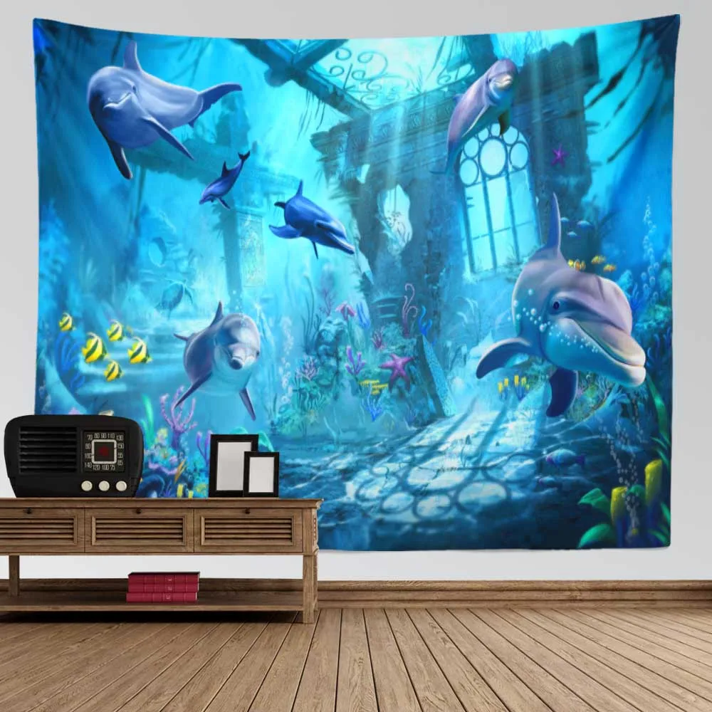 Underwater World Tapestry Hanging Turtle Shark Mermaid Dolphin Tapestry 3D Printing Tapestry Living Room Bedroom Dormitory