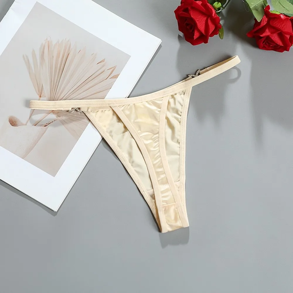 Süße Baumwoll-Zwickel-Strings aus glänzendem Satin, nahtlose Bikini-Slips mit niedriger Taille, einfarbige Unterhosen, T-Back-Höschen, Intimkleidung – Detail 9