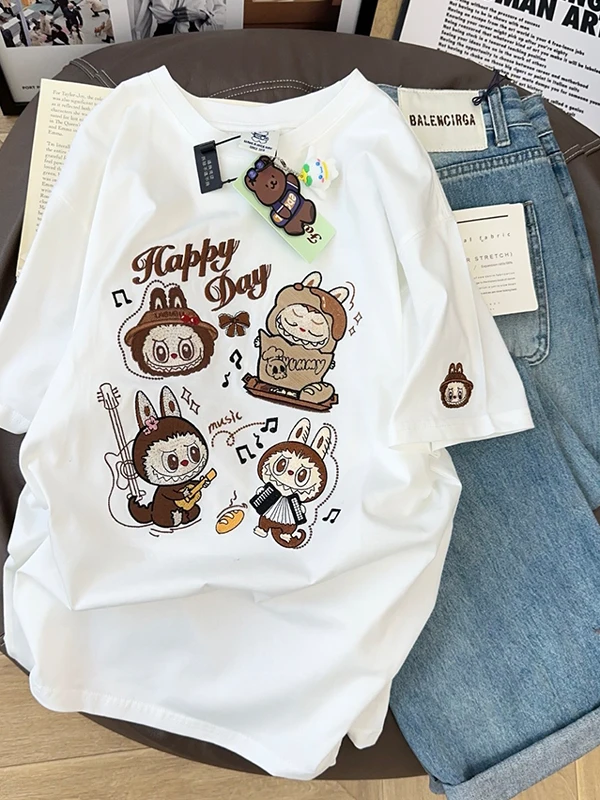 Summer New Cartoon Print Cotton ort Sve T-irt ex Loose Fit Comfortable Breathable Casual Top for Men And Women