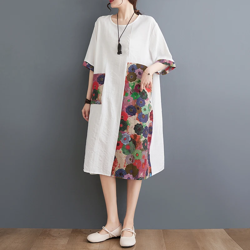 

NYFS 2024 Summer New Cotton Linen Woman Dress Vestidos Robe Ete Femme Elbise Loose Patchwork Print Short Sleeve Long Dresses