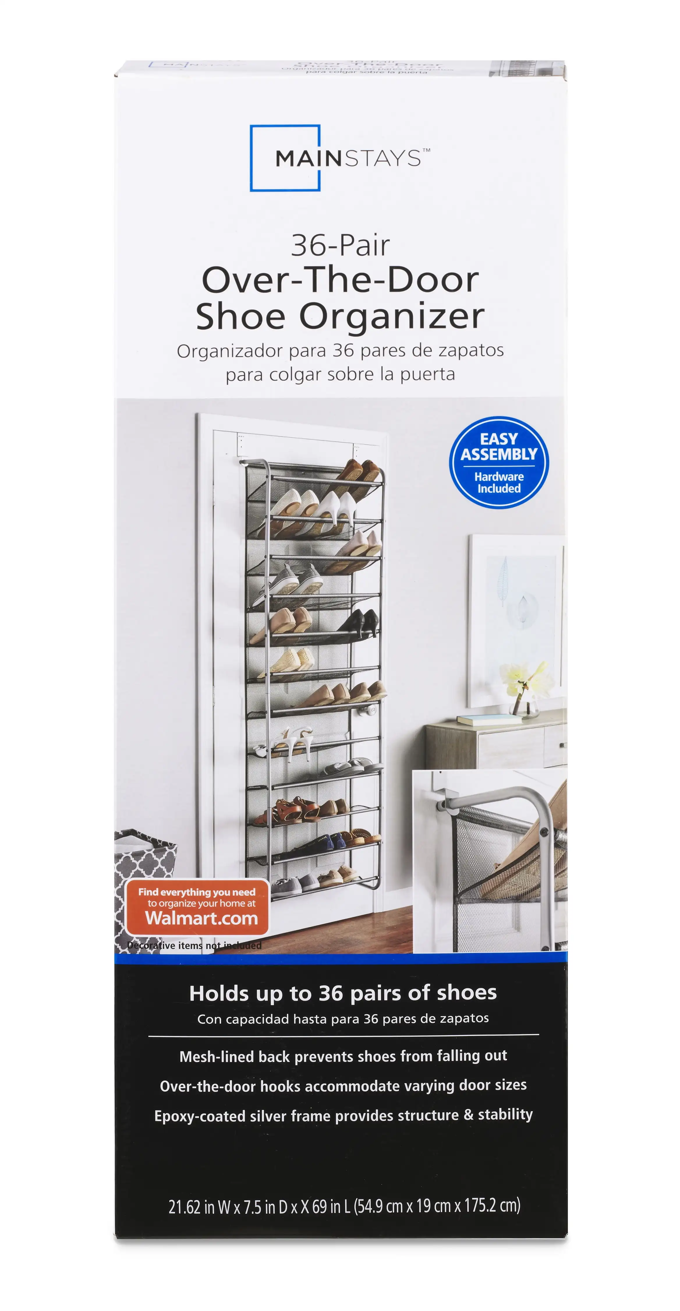 36 Pair Over-the-Door Closet Shoe Organizer Rack for 36 Pairs, 12 Tier, Metal, Gray