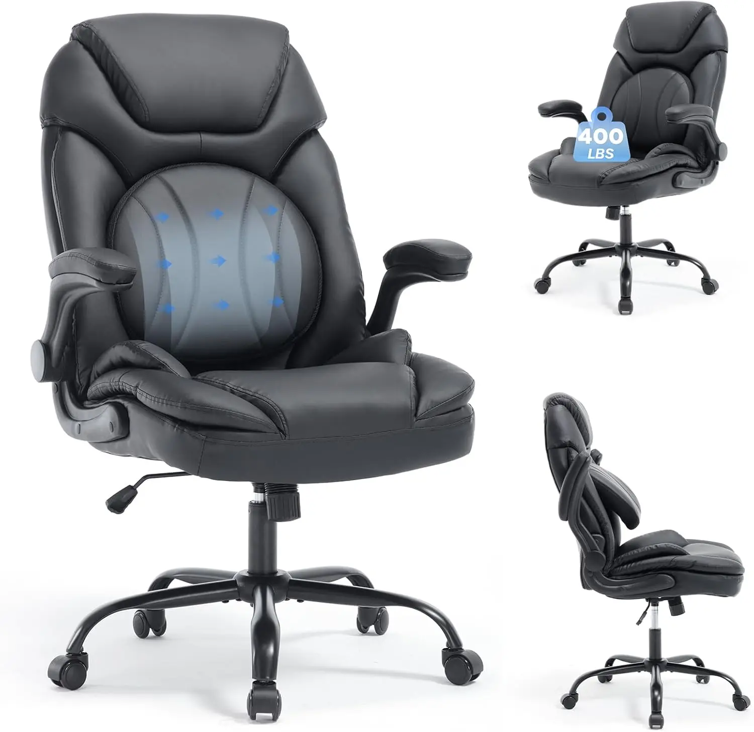 

400lbs Ergonomic Executive Office Chair with Wide Seat Flip up Arms, Criss Cross Cute Office Desk Chairs, Black Leather