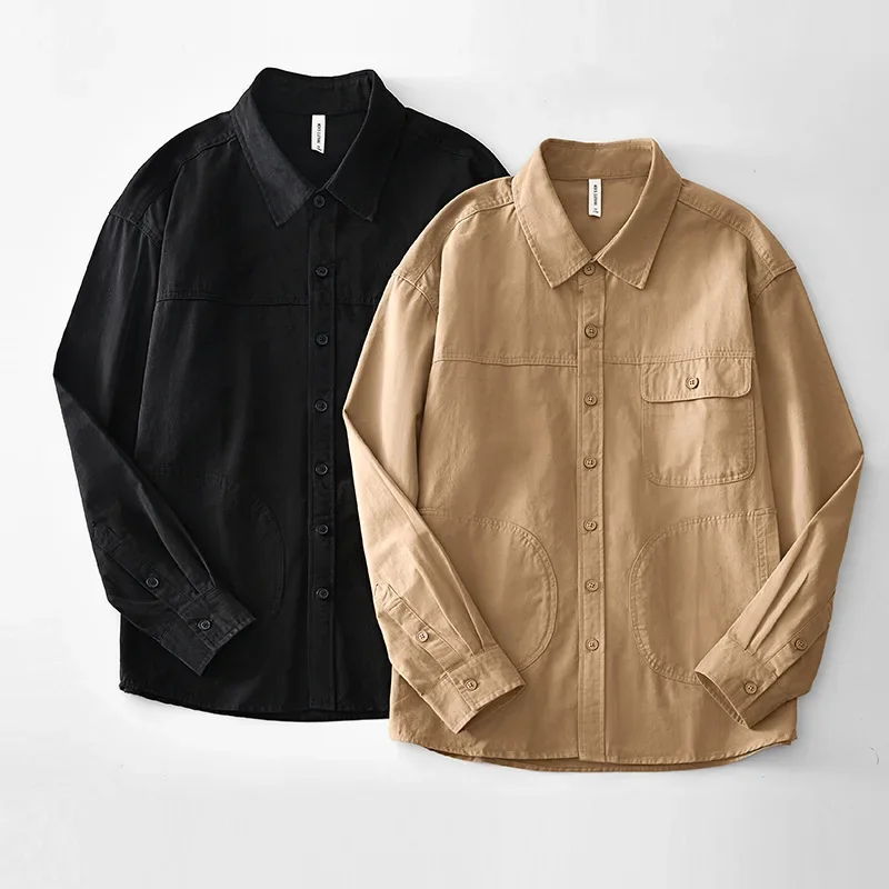 

Japanese Fashion Mens Long Sleeve Shirt Casual Khaki Cargo Shirt Square Collar Multi Pocket 100% Cotton New in Shirts Loose Tops