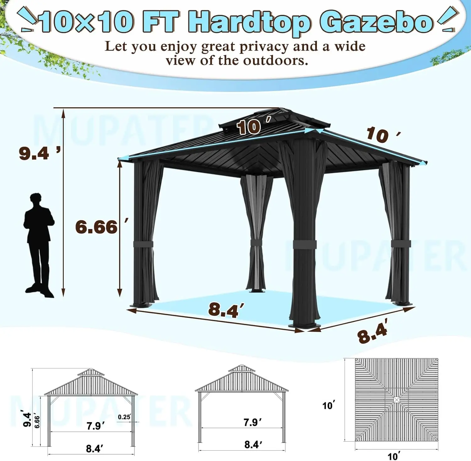 10x10 FT Hardtop Gazebo Canopy with Double Galvanized Steel Roof,Garden, Backyard, Black