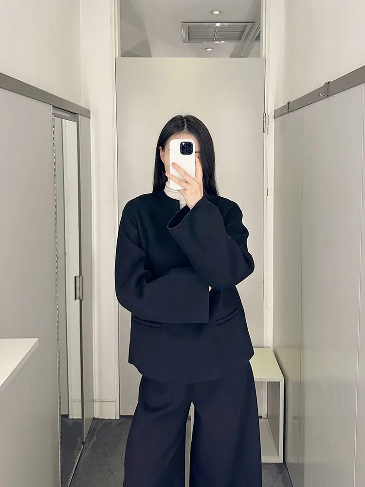 

mat Cosniu Sle Double-Sided Woolen Bla Top Coat V-Ne ket Wool Casual Fit Women's Suiting Jaet Commute Sle