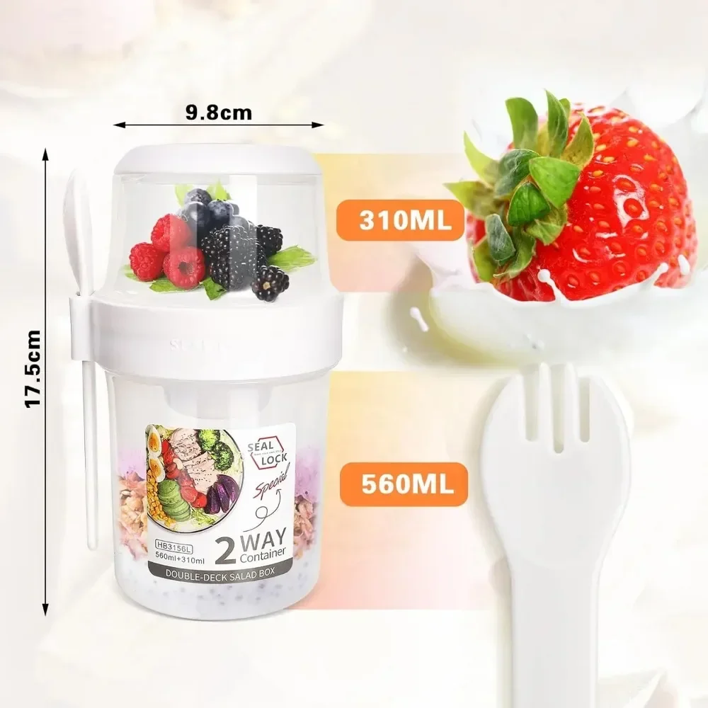 Salad Cup Breakfast Cups Portable Food Storage Bento Box Oatmeal Cereal Nut Yogurt Container Set with Fork for School view 3