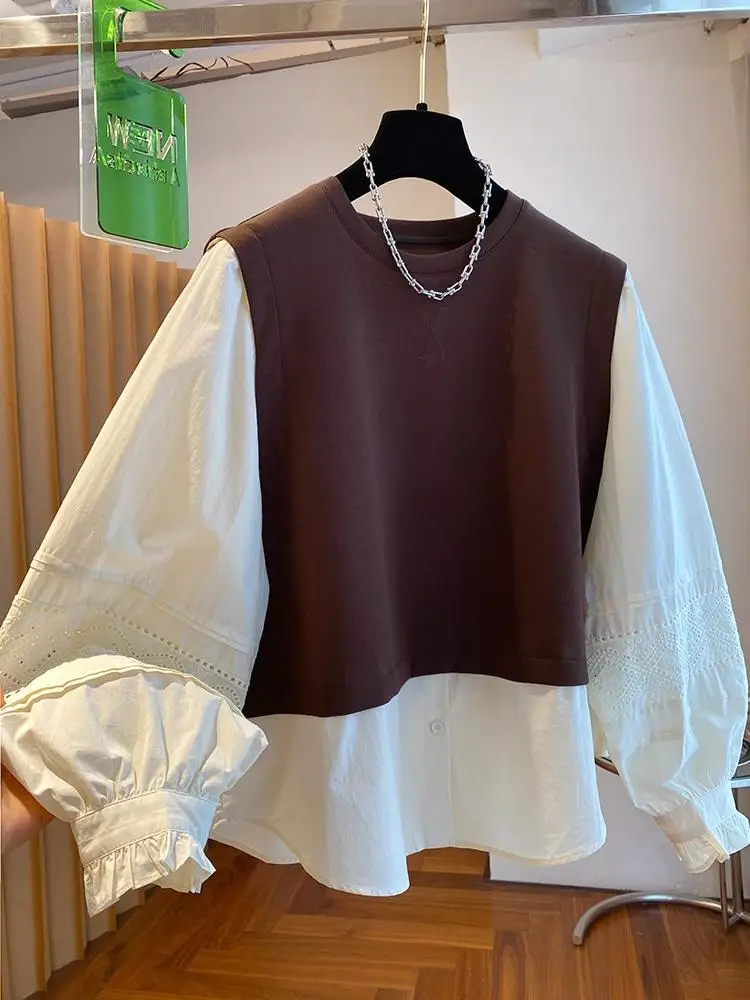 Women Spliced Shirt Sweatshirt 2026 Autumn New Fake Two‑Piece Long Sleeve Blouse Loose Unique Design Casual Female Tops