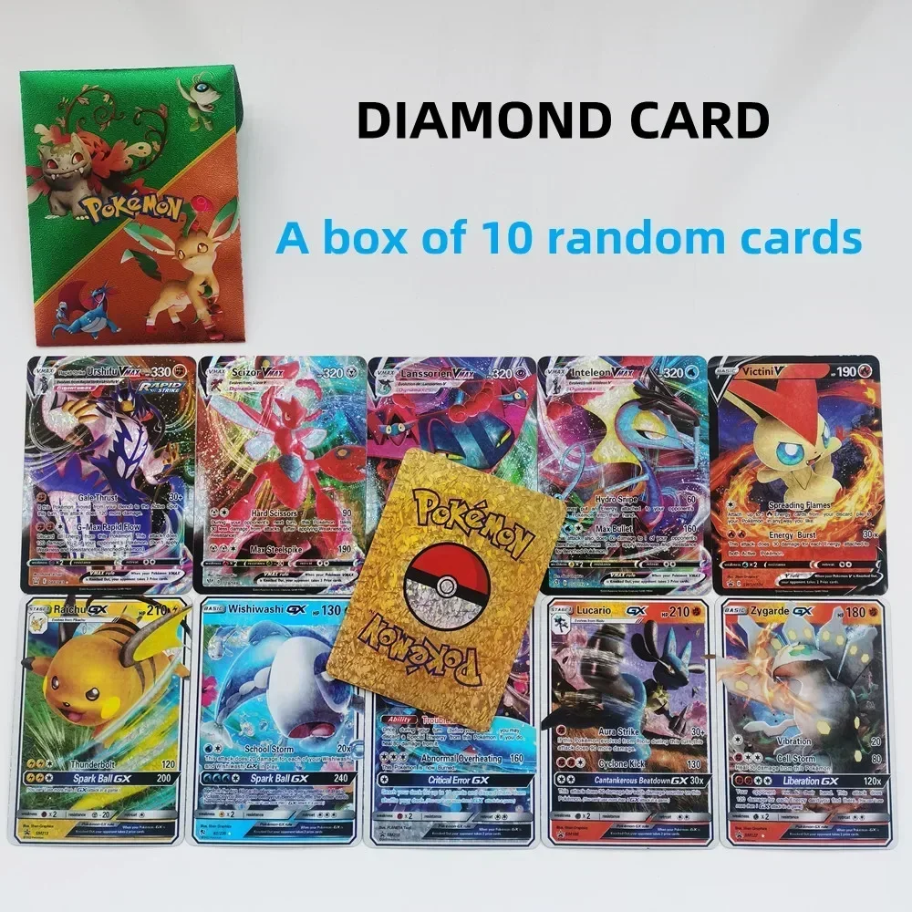 Folha de ouro Pokemon Cards, Vmax Vstar V Energy Card, Charizard Pikachu Rare Series Cartão de treinador de batalha, Novo, 10pcs por caixa