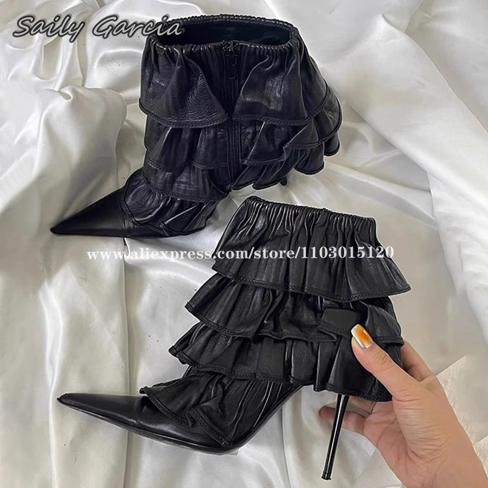 Black Side Zipper Cake Pleats Stiletto High Heels 2024 NEW Fashion All-Match Hot Girl Ankle Boots Pointed Toe Sexy Women Pumps