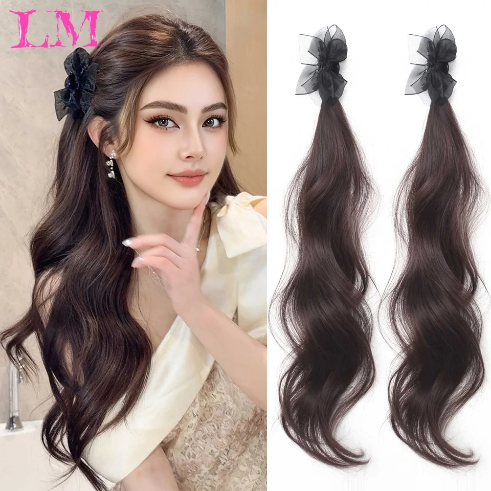 LM Black Sheer Mesh Bow Side Ponytail Extensions Brown Long Wavy Clip In Half Pony Hairpiece 2 Pack for Women Sweet Styling